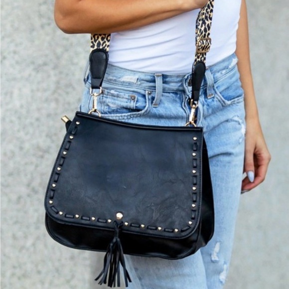 Aili’s Corner Handbags - Vegan Leather Black Crossbody Bag – Studded with Tassel & Leopard Strap